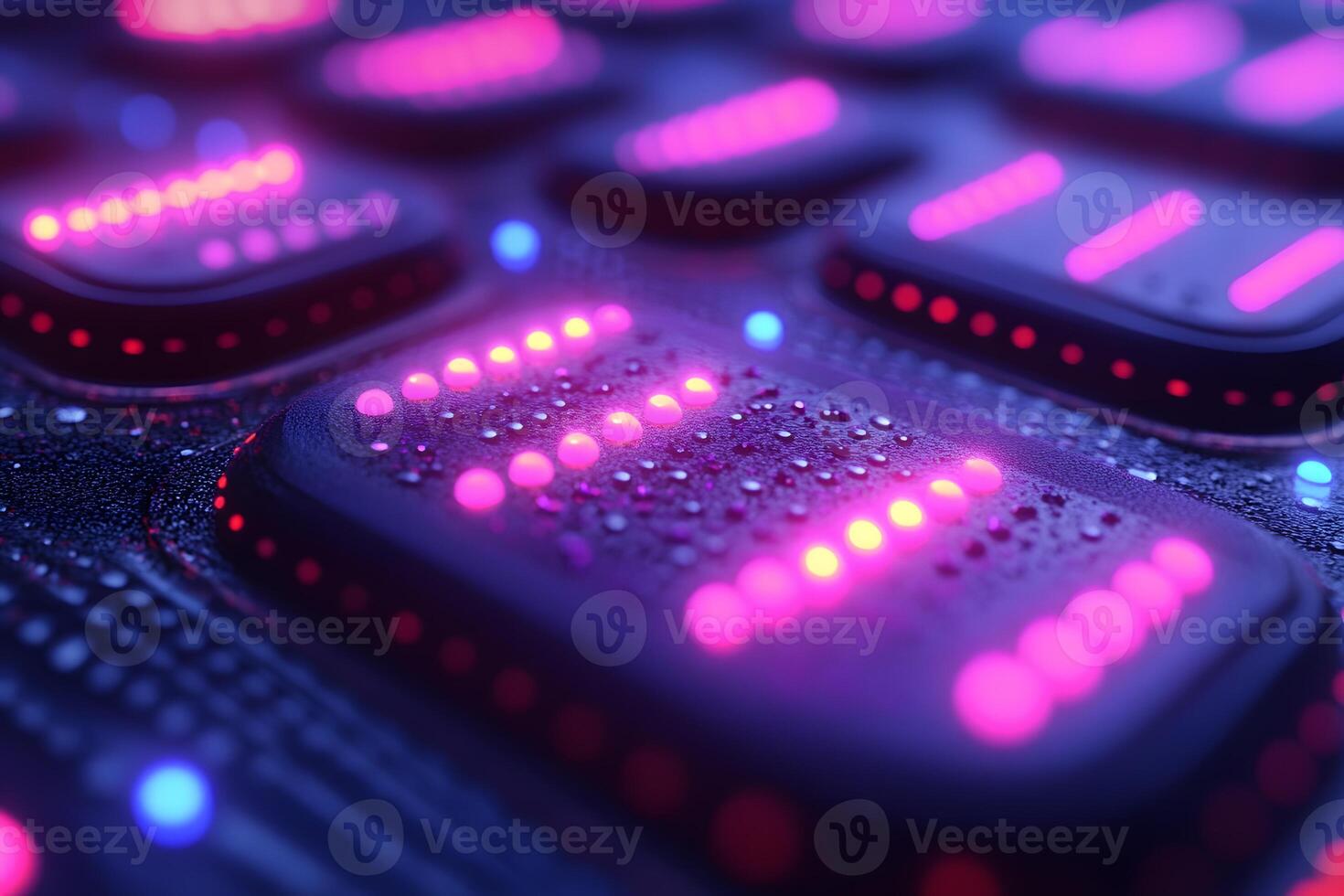 Futuristic Neon Circuit Board with LED Lights and Water Droplets Tech Design for Digital Art photo
