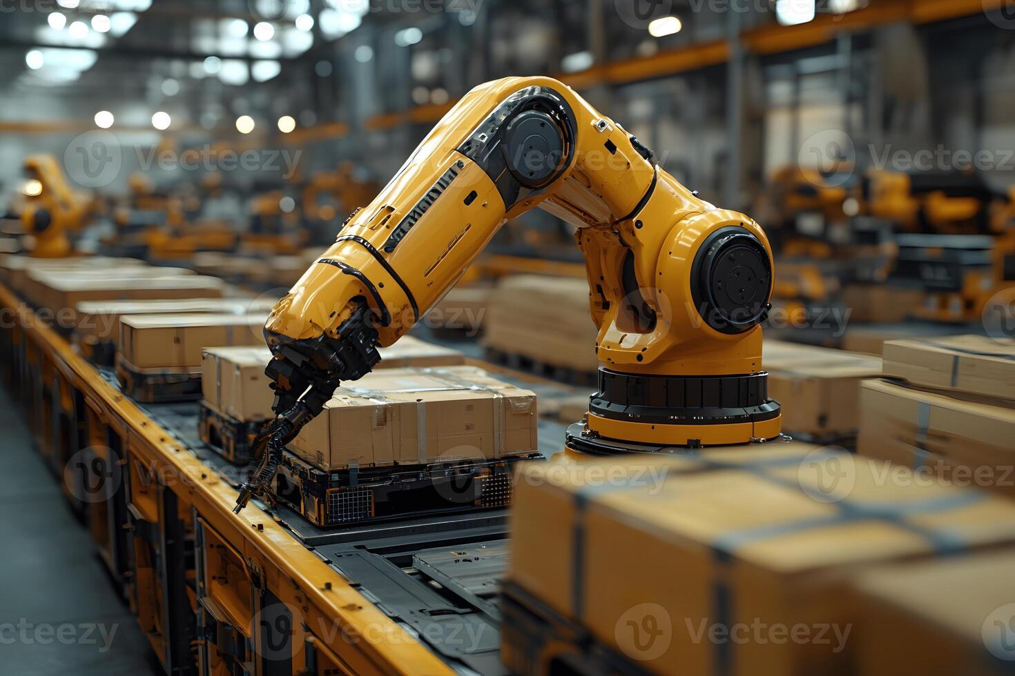 Automated Industrial Warehouse with Robotic Arm and Conveyor Belt System photo