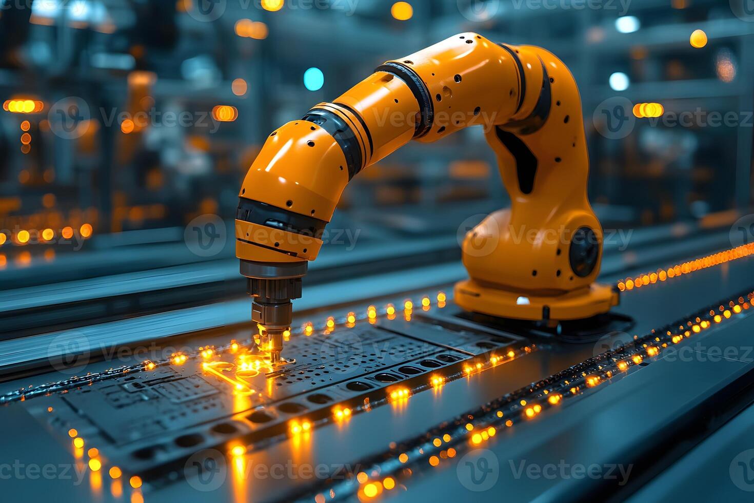 Industrial Robotics Arm Programming Circuit Boards in Advanced Factory Setting photo