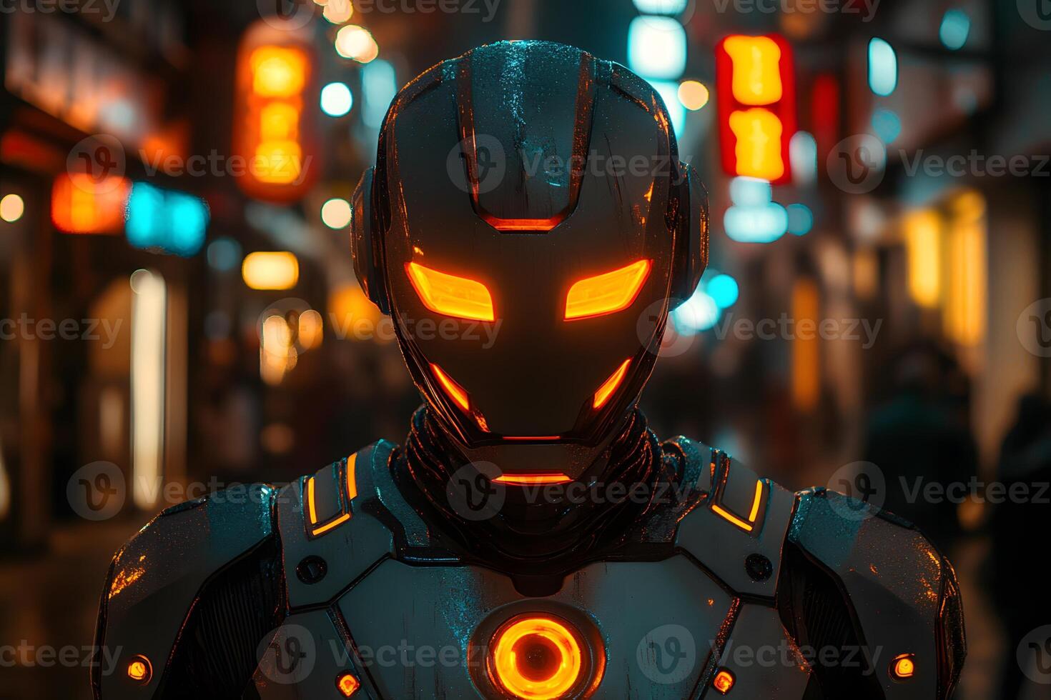 Futuristic Cyberpunk Robot in Neon Lit Alley - Perfect for Sci-Fi Themes and Posters photo