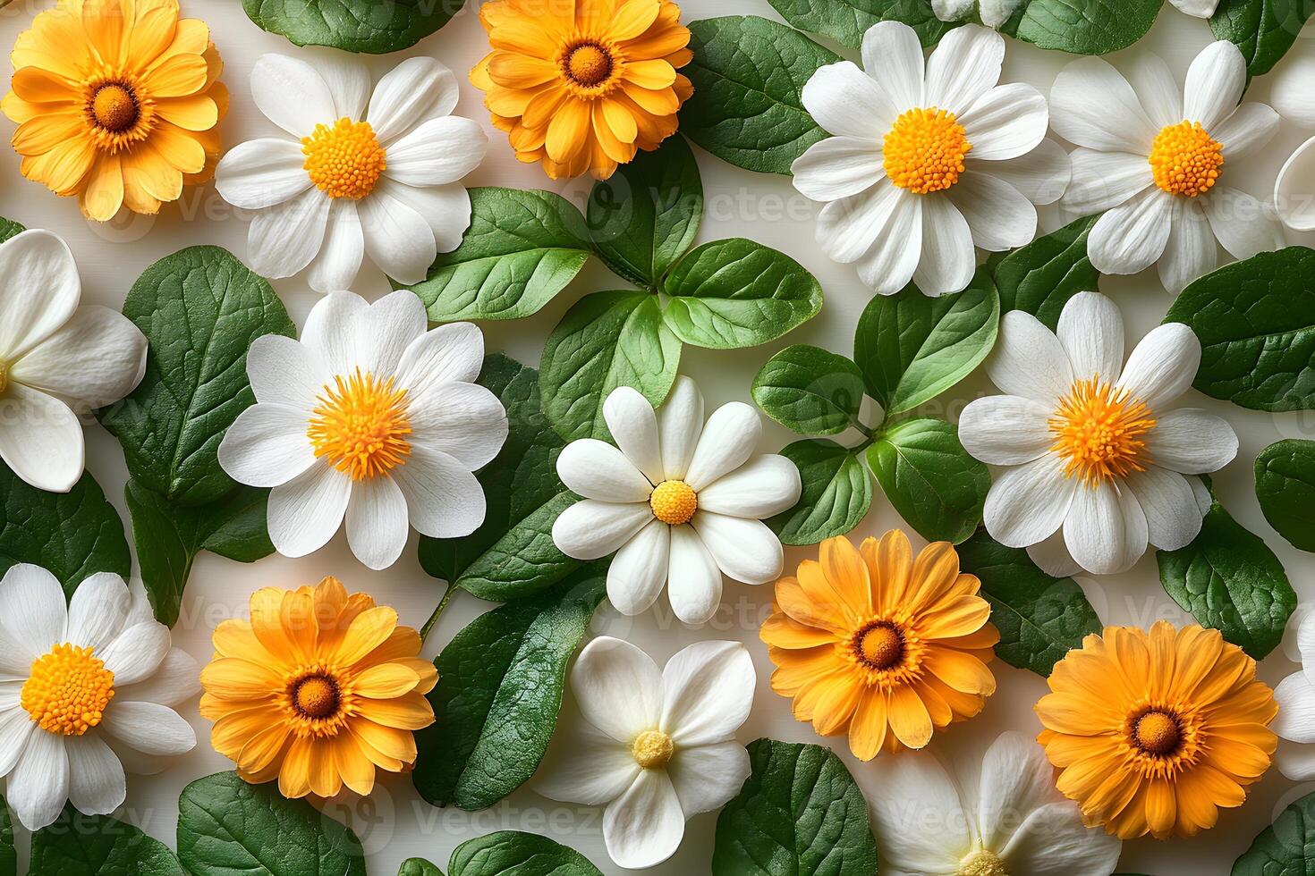 Floral Arrangement Bright Yellow and White Daisies with Fresh Green Leaves Botanical Design for Nature-Themed Projects photo