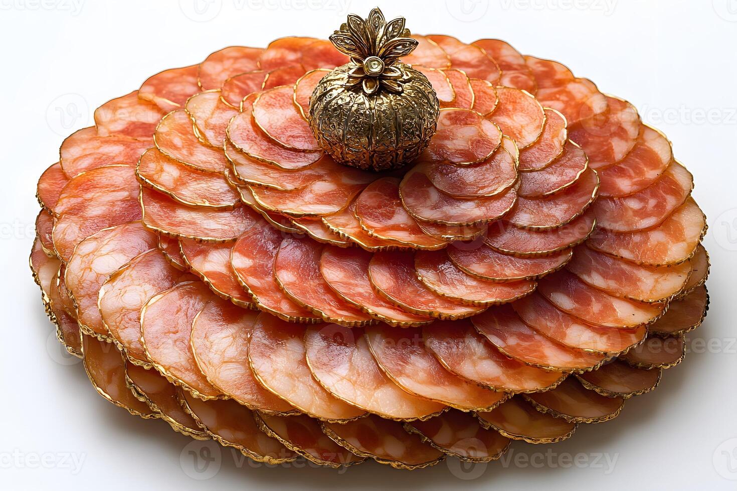Gourmet Sliced Salami Platter with Ornate Decorative Centerpiece for Elegant Dining photo