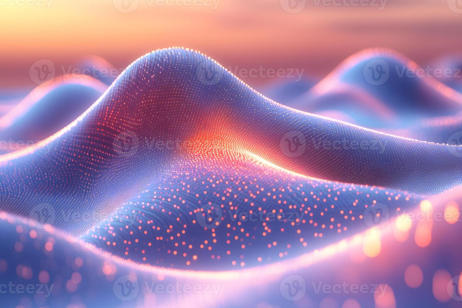 Abstract Digital Landscape with Glowing Particles at Sunset for Design and Visualization photo