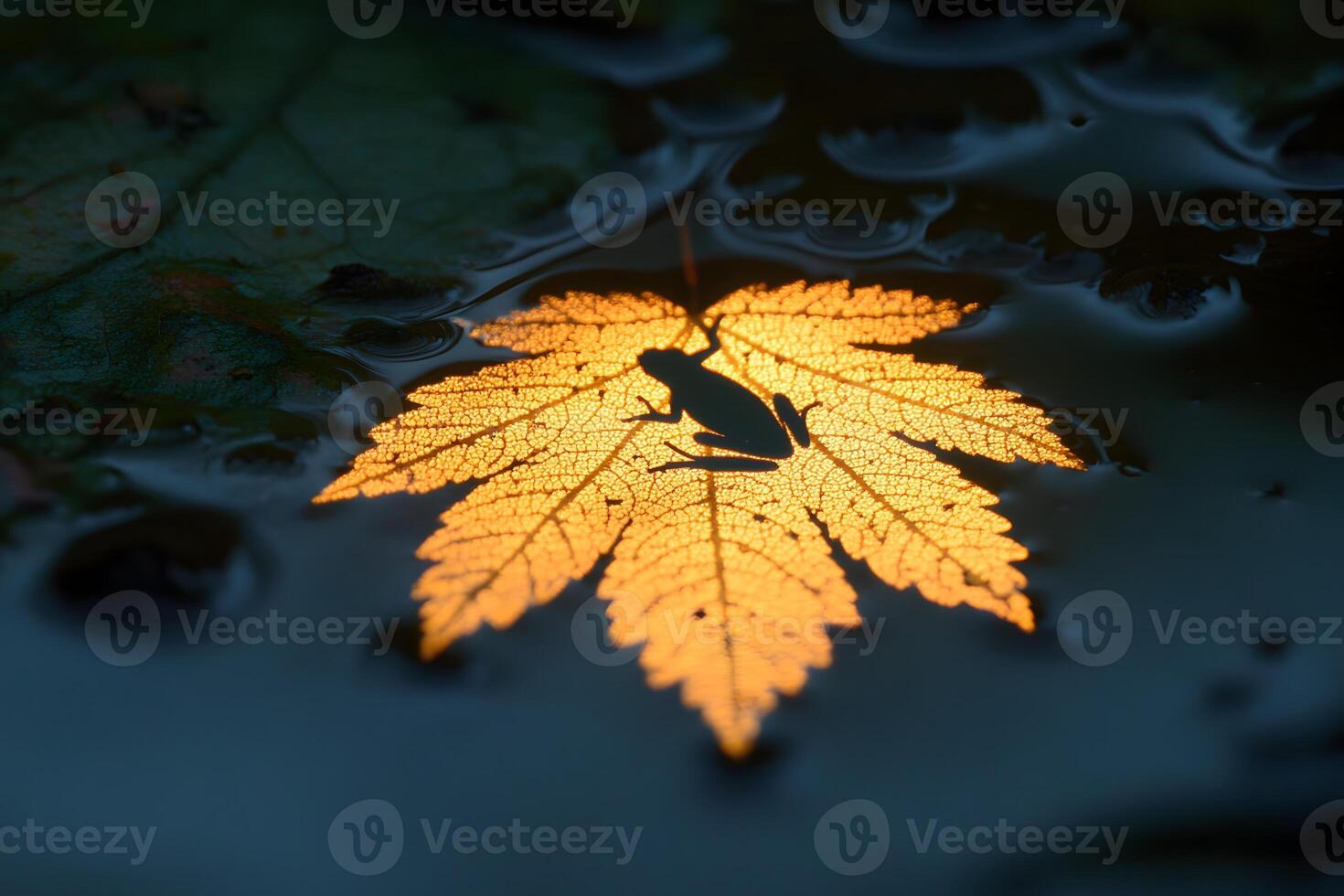 Frog Silhouette on Illuminated Leaf in Nature's Tranquil Water Scene photo