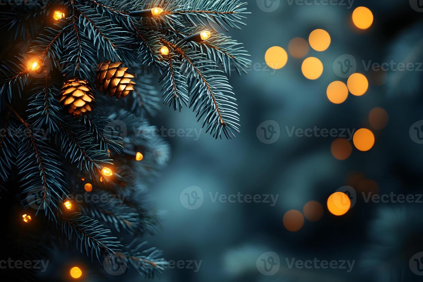 Festive Pine Branch with Warm Lights for Holiday Decor and Design Projects photo