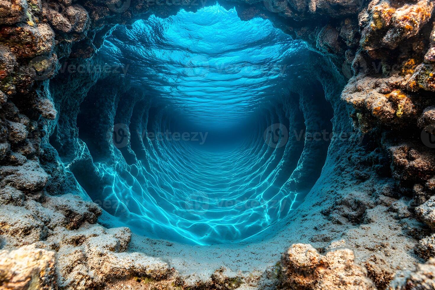 Underwater Cave and Tunnel Formation with Sunlit Waters Perfect for Nature and Adventure Themes photo