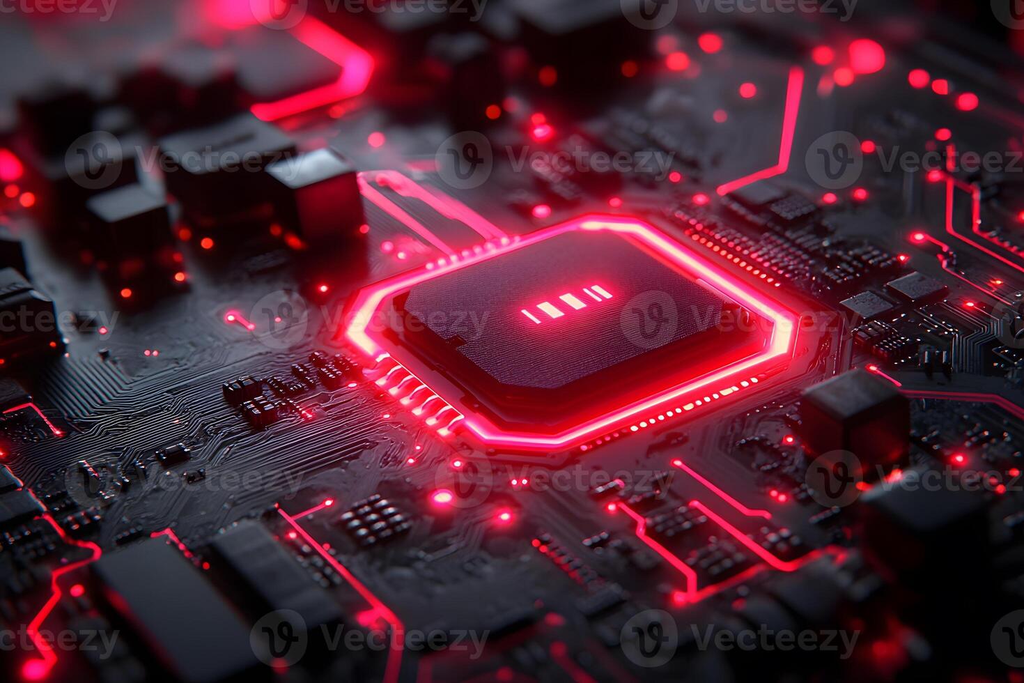 Futuristic Red Circuit Board with Glowing Processor for Technology Design photo