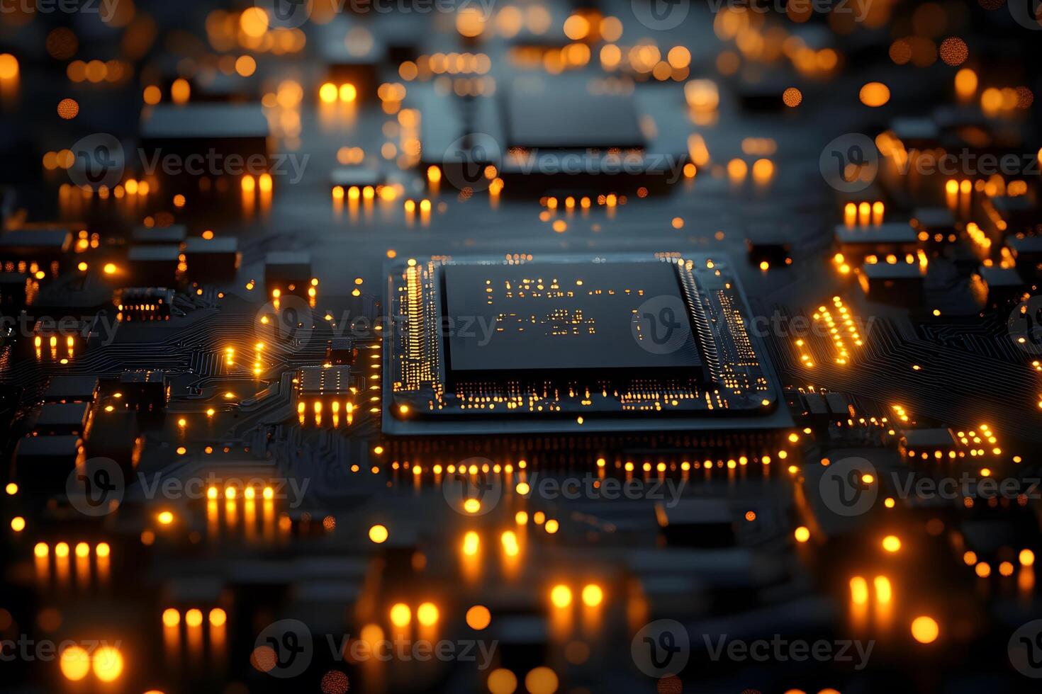 Futuristic Circuit Board with Glowing Microchips - Technology and Innovation Theme photo