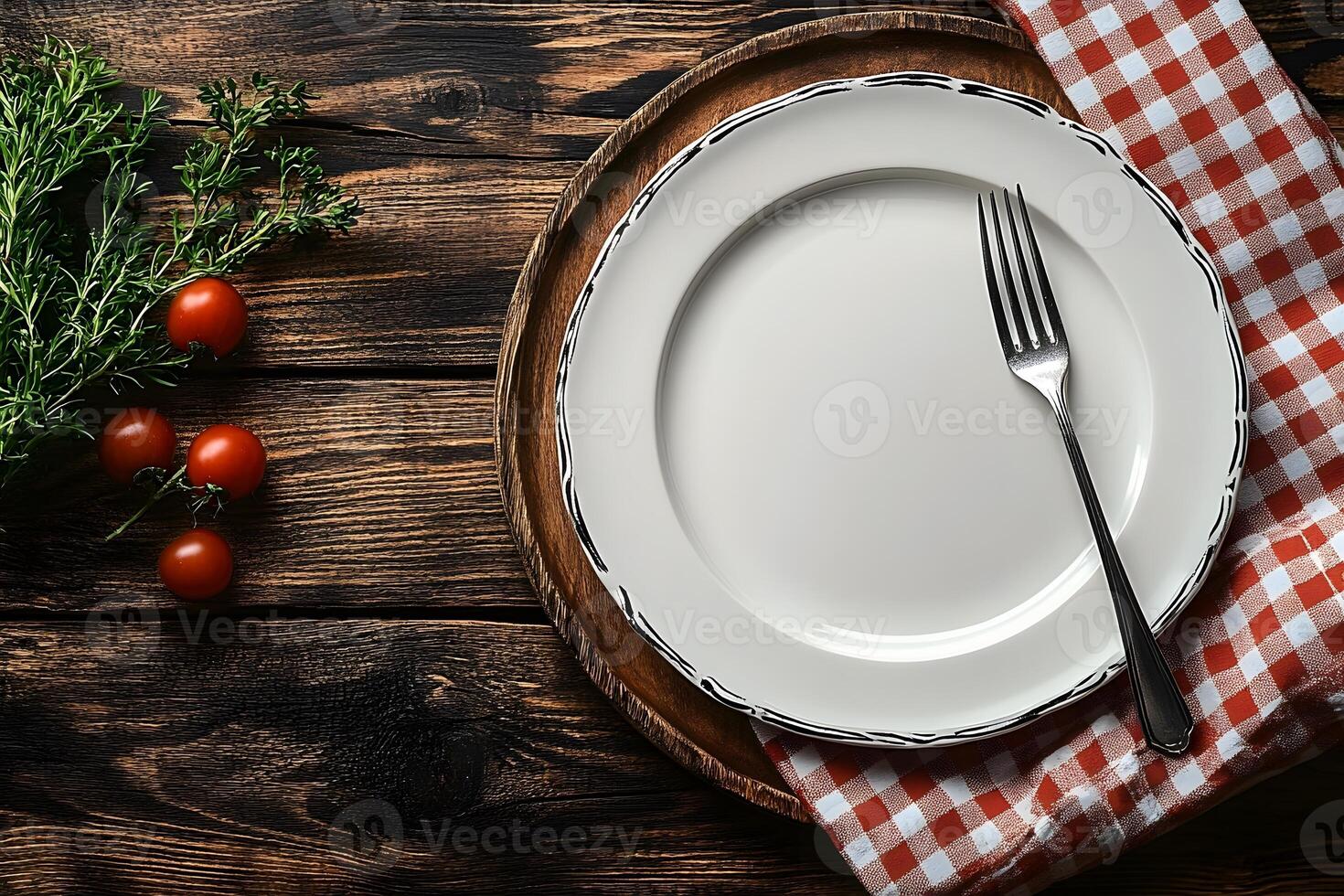 Rustic Table Setting with Empty Plate, Fork, and Cherry Tomatoes on Wooden Background photo
