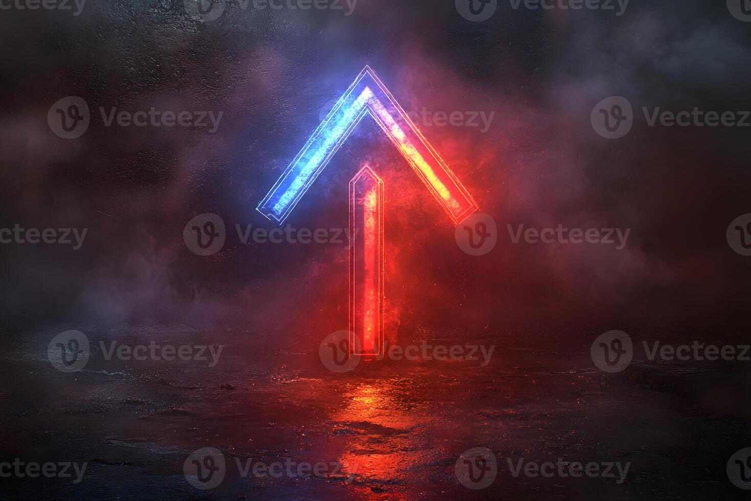 Futuristic Neon Arrow in Misty Atmosphere for Digital Design photo