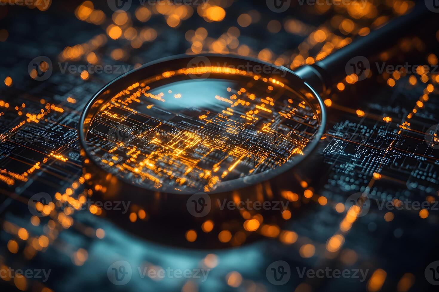 Cybersecurity Concept with Magnifying Glass Over Digital Circuitry for Technology Design photo