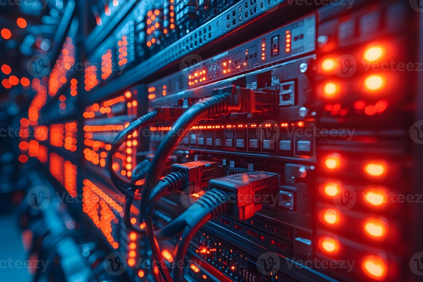 Futuristic Data Center Technology Infrastructure with Glowing Red Server Racks photo