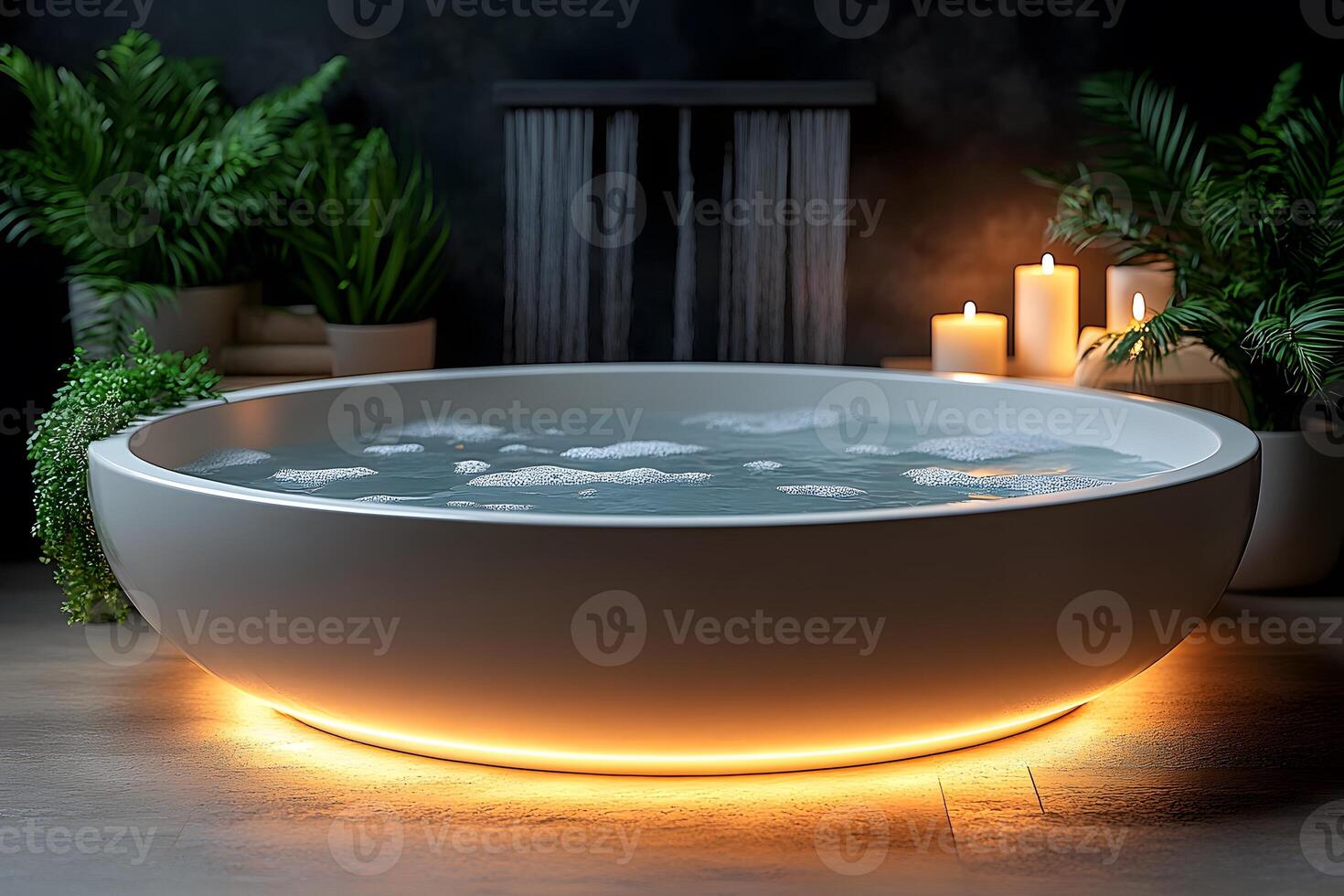 Luxury Home Spa Retreat with Illuminated Modern Bathtub and Candles photo