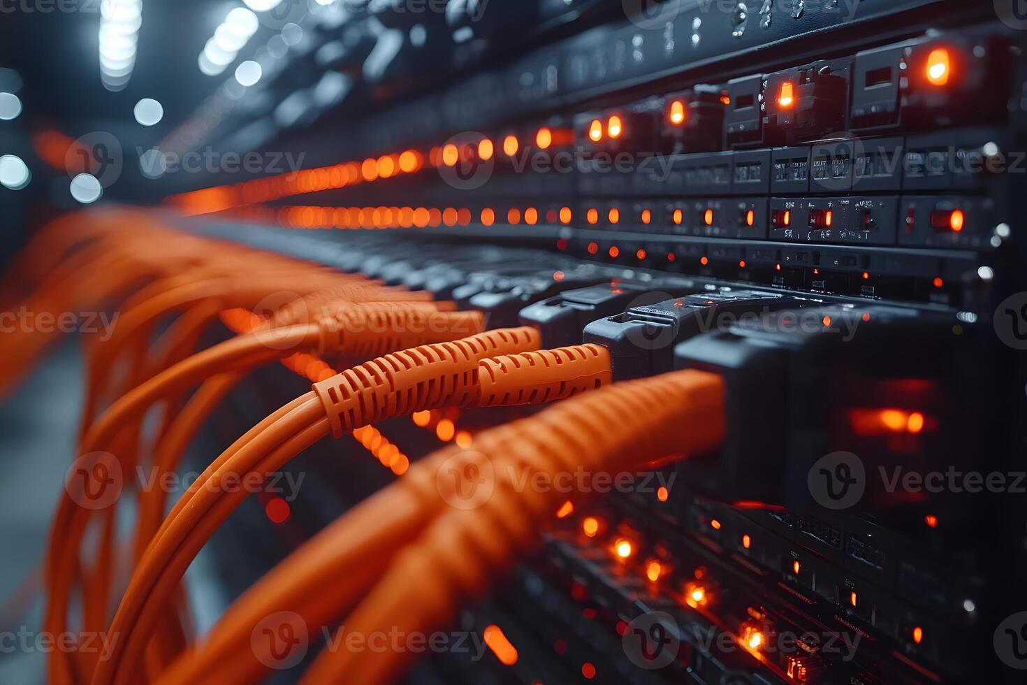 Data Center Infrastructure with Vibrant Network Cables and Illuminated Server Rack for Technology Concepts photo