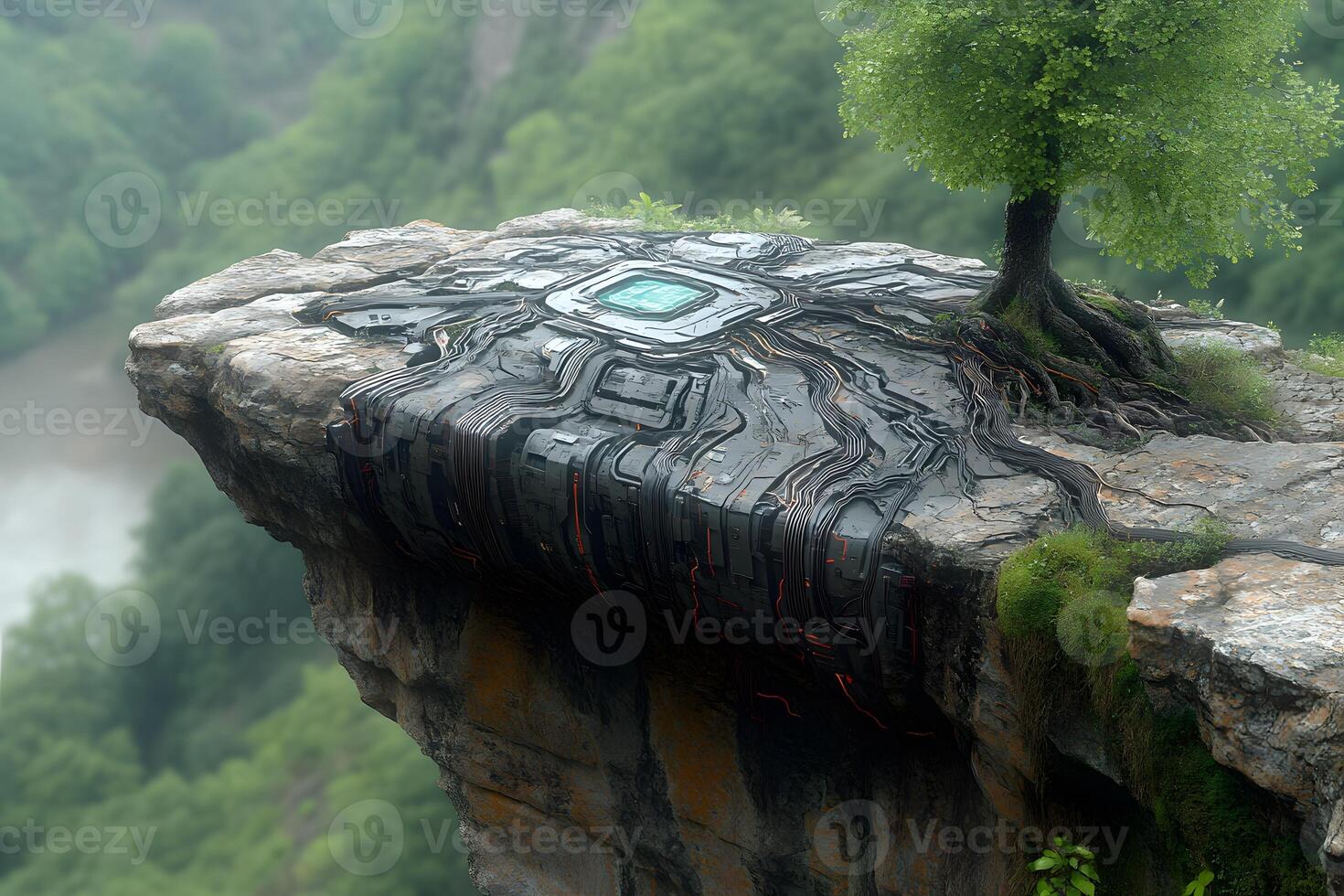 Futuristic Technology Integration with Nature on a Cliff Edge photo