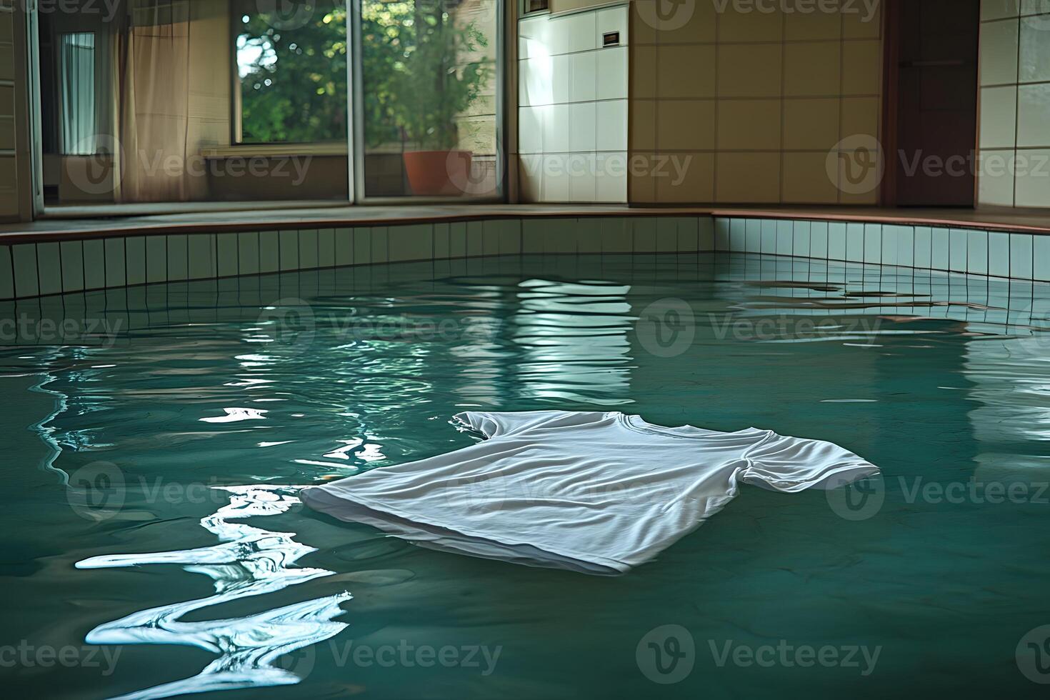 Floating White T-Shirt in Tranquil Indoor Pool Serenity and Reflection photo