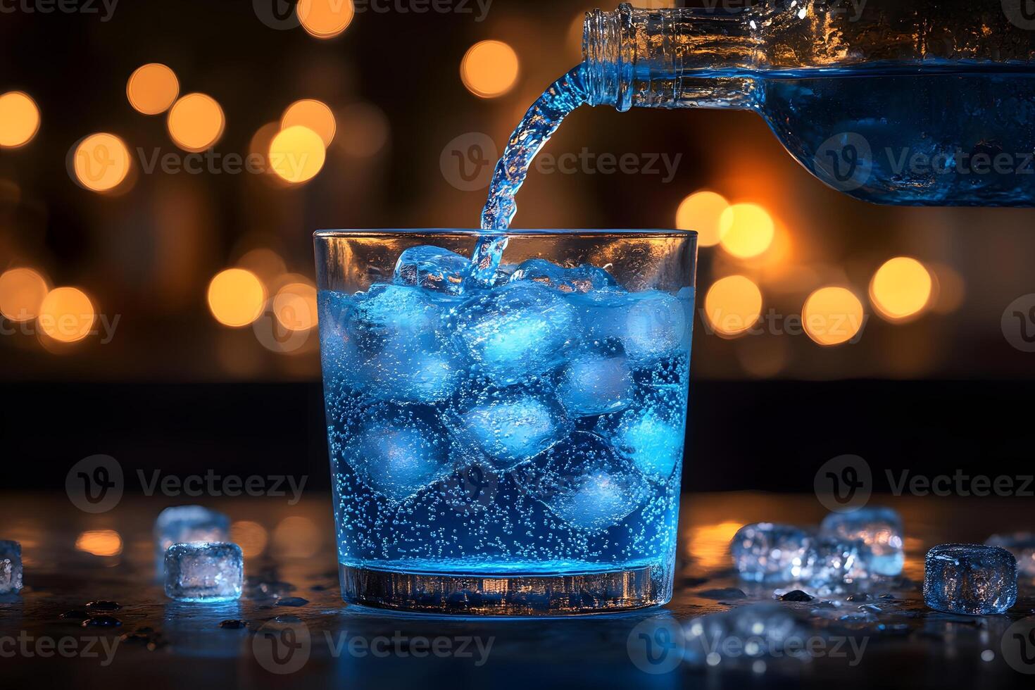 Vibrant Blue Cocktail with Ice Cubes in Evening Lighting for Beverage Design photo