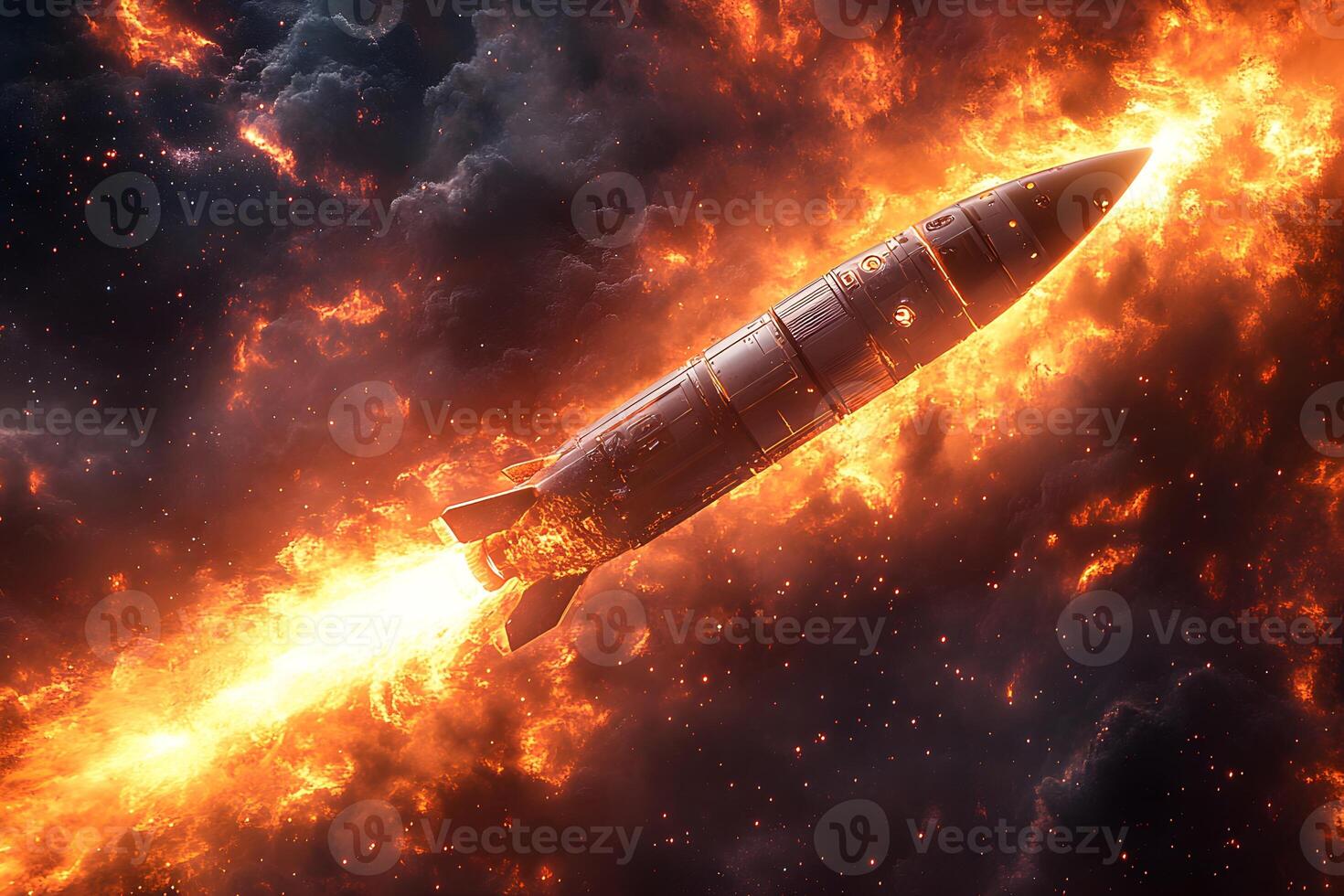 Futuristic Rocket Launching Through Fiery Cosmic Clouds for Space Exploration Theme photo