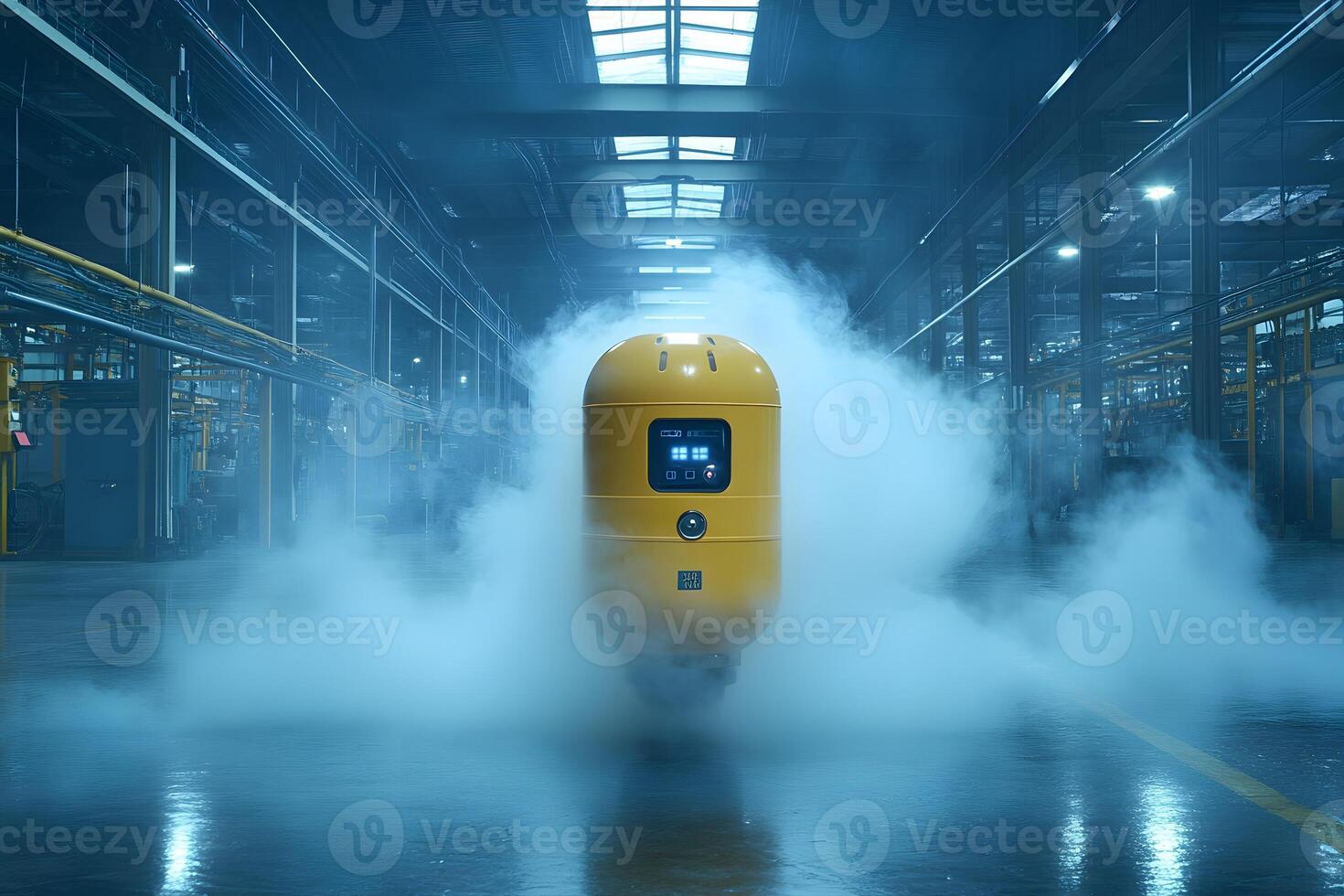 Futuristic Robot Navigating a Misty Industrial Factory Environment photo