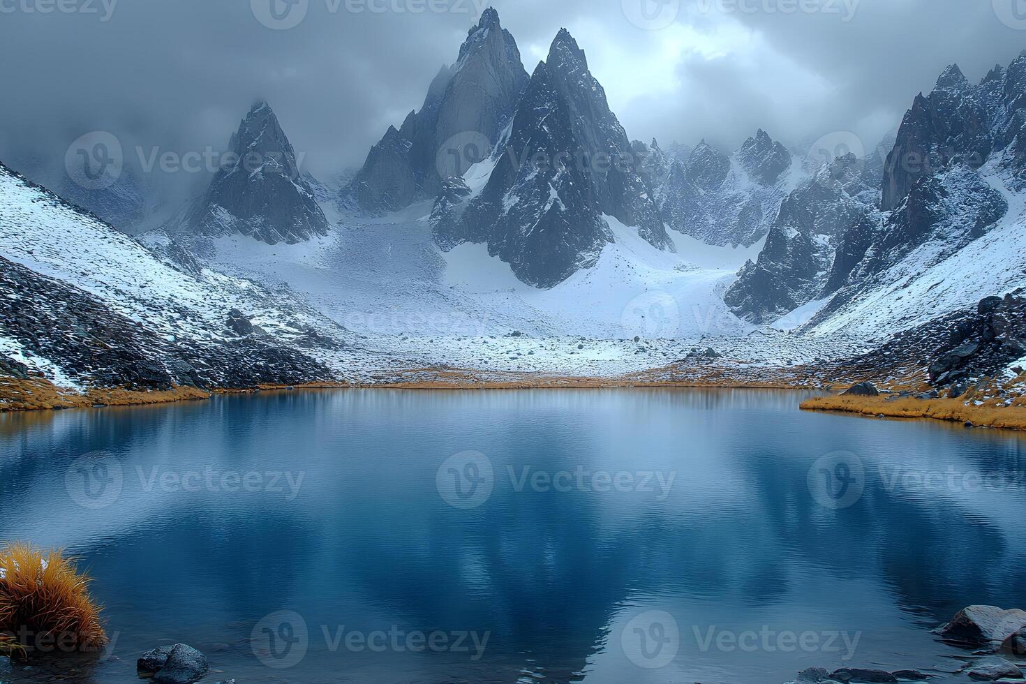 Majestic Mountain Landscape with Snow-Capped Peaks and Reflective Lake for Nature Photography photo