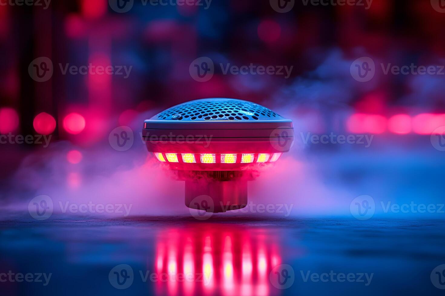 Futuristic Red LED Hover Device with Smoke Effect for Technology Designs photo