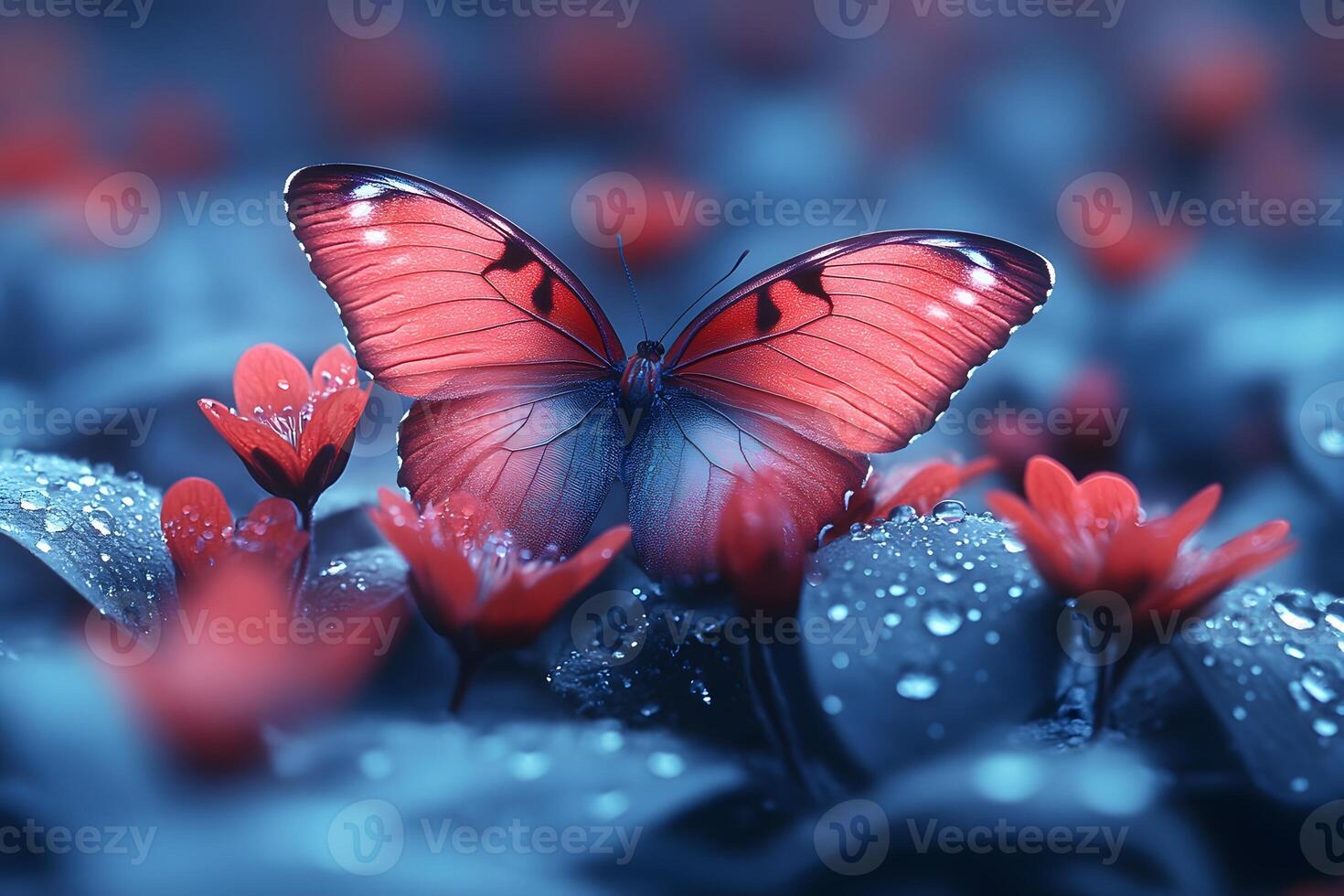 cautivador rojo mariposa en besado por el rocío flores en un soñador jardín escena foto