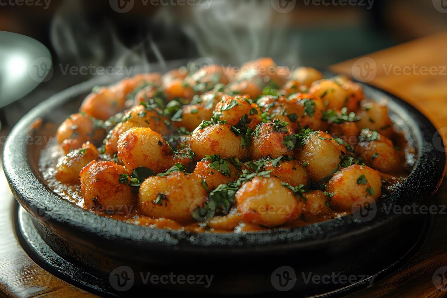 Warm and Spicy Tandoori Potatoes Garnished with Fresh Herbs photo