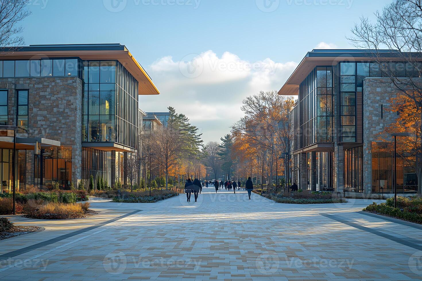 Tranquil Winter Campus Walkway at Dawn - Architectural Design and Nature photo