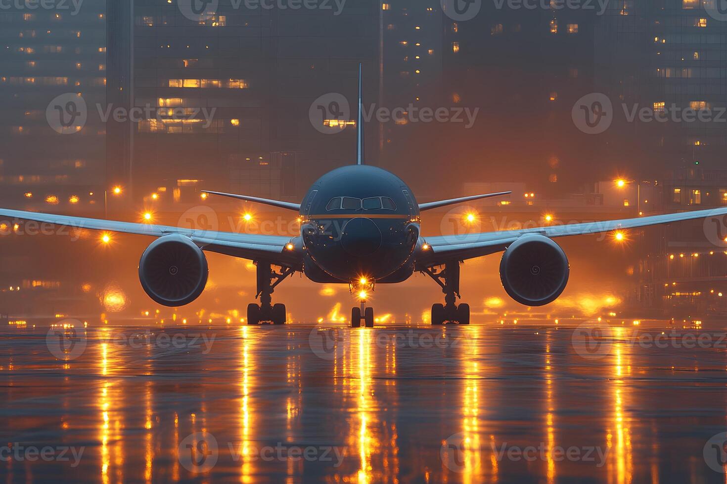 Airplane on Wet Tarmac During Foggy Evening with Illuminated Cityscape photo