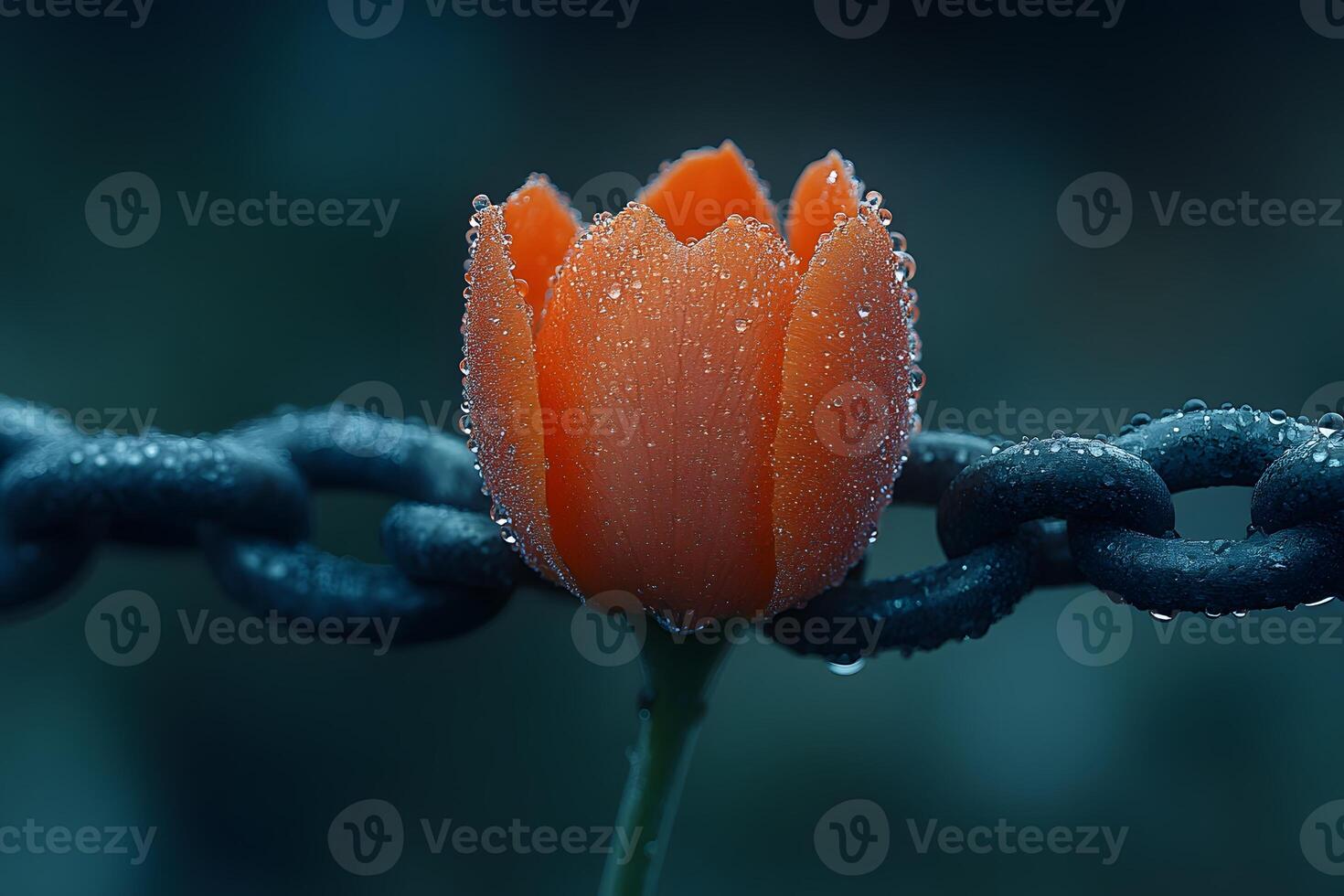Dew-Kissed Orange Tulip Entwined with Metallic Chain in Mystical Garden Setting photo