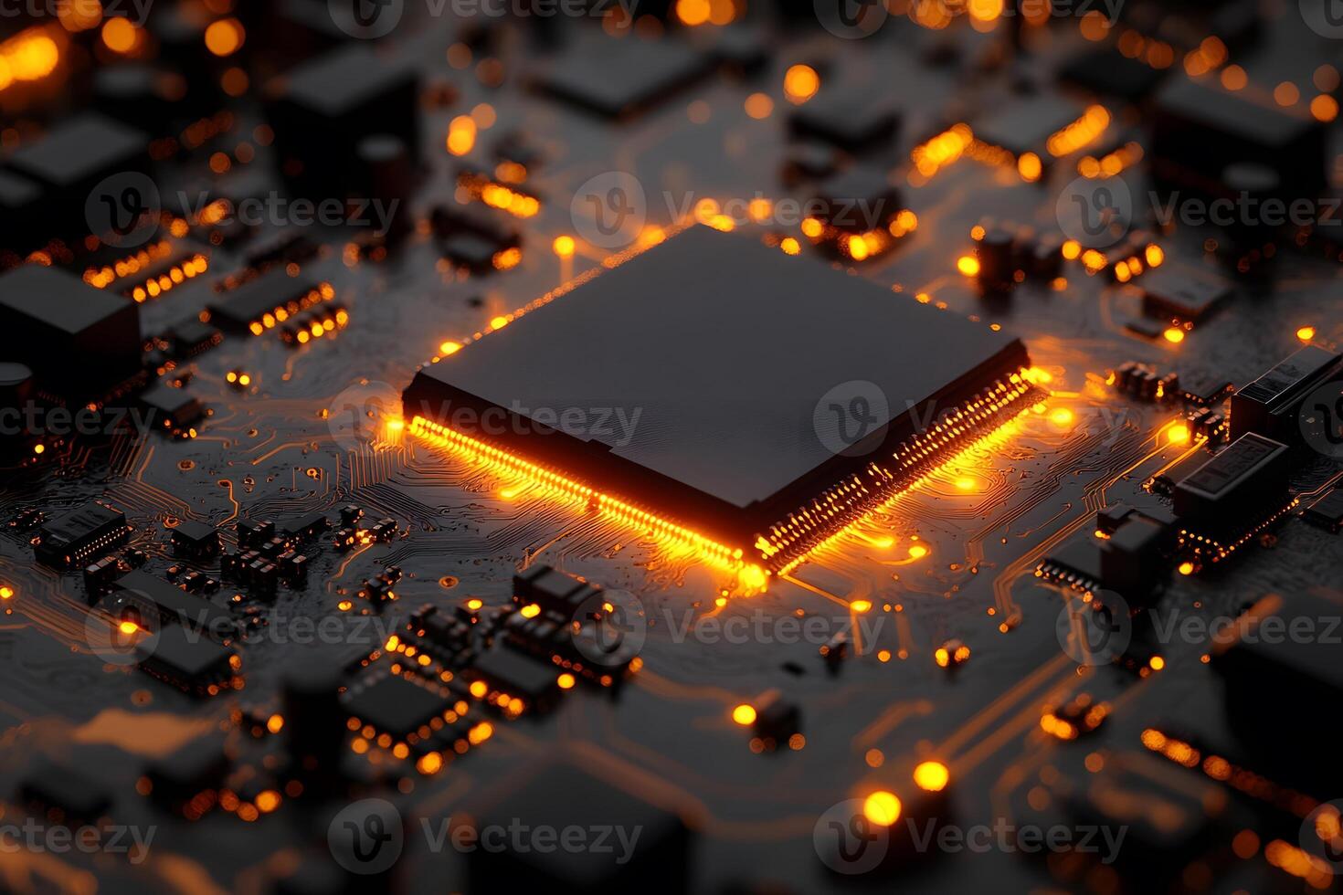 Futuristic Technology Concept with Glowing Microchip on Circuit Board photo