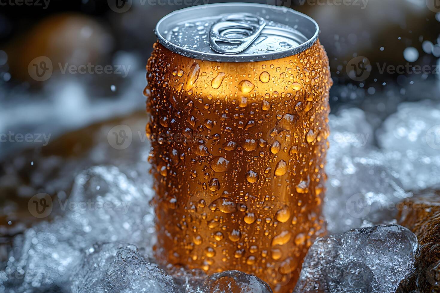 Chilled Beverage Can in Ice and Water with Refreshing Droplets Concept photo