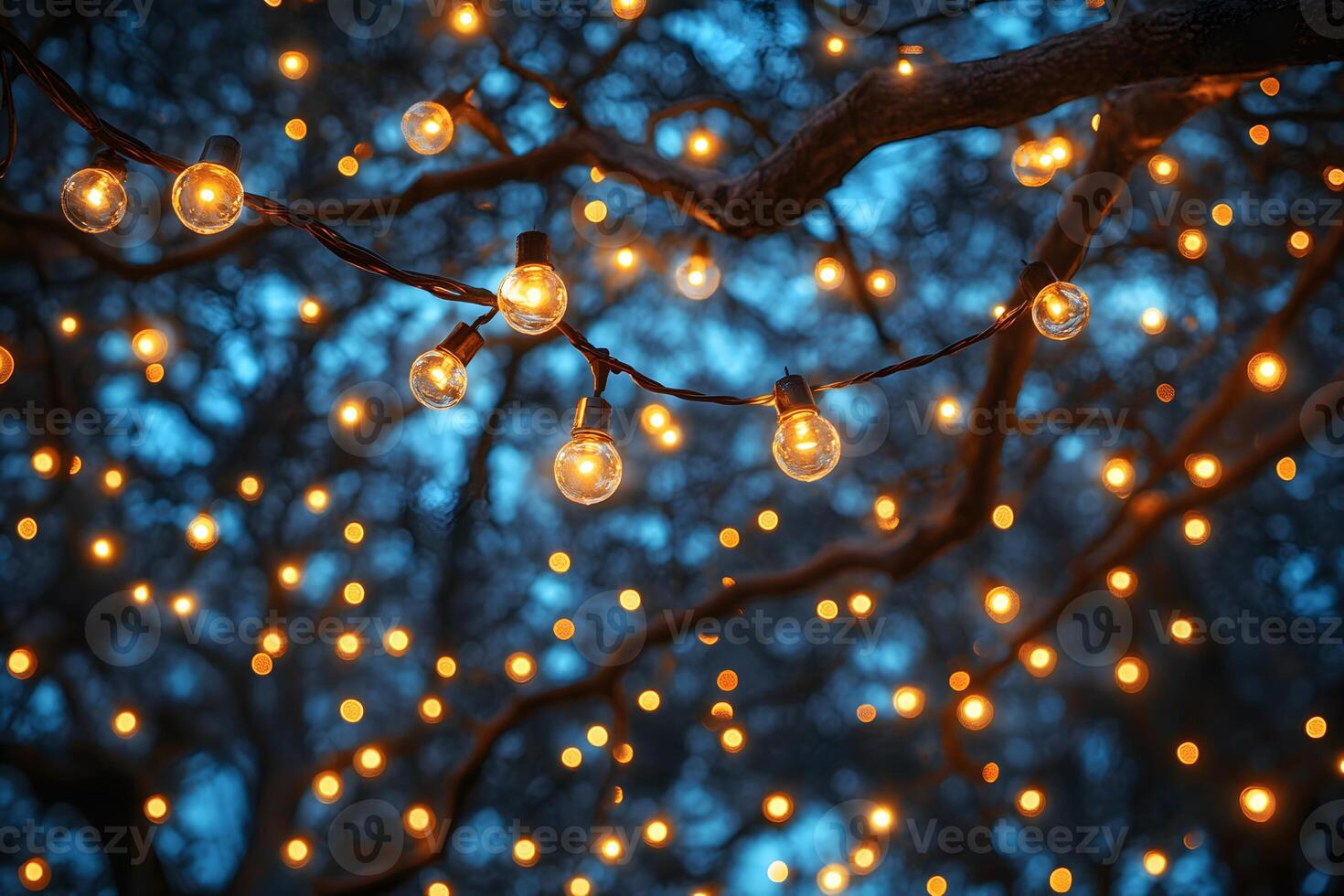 Enchanting Outdoor String Lights Against Twilight Sky for Festive Decor and Ambiance photo