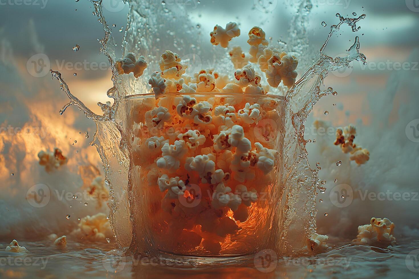 Dynamic Splash of Popcorn in Glass with Dramatic Waterburst Effect photo