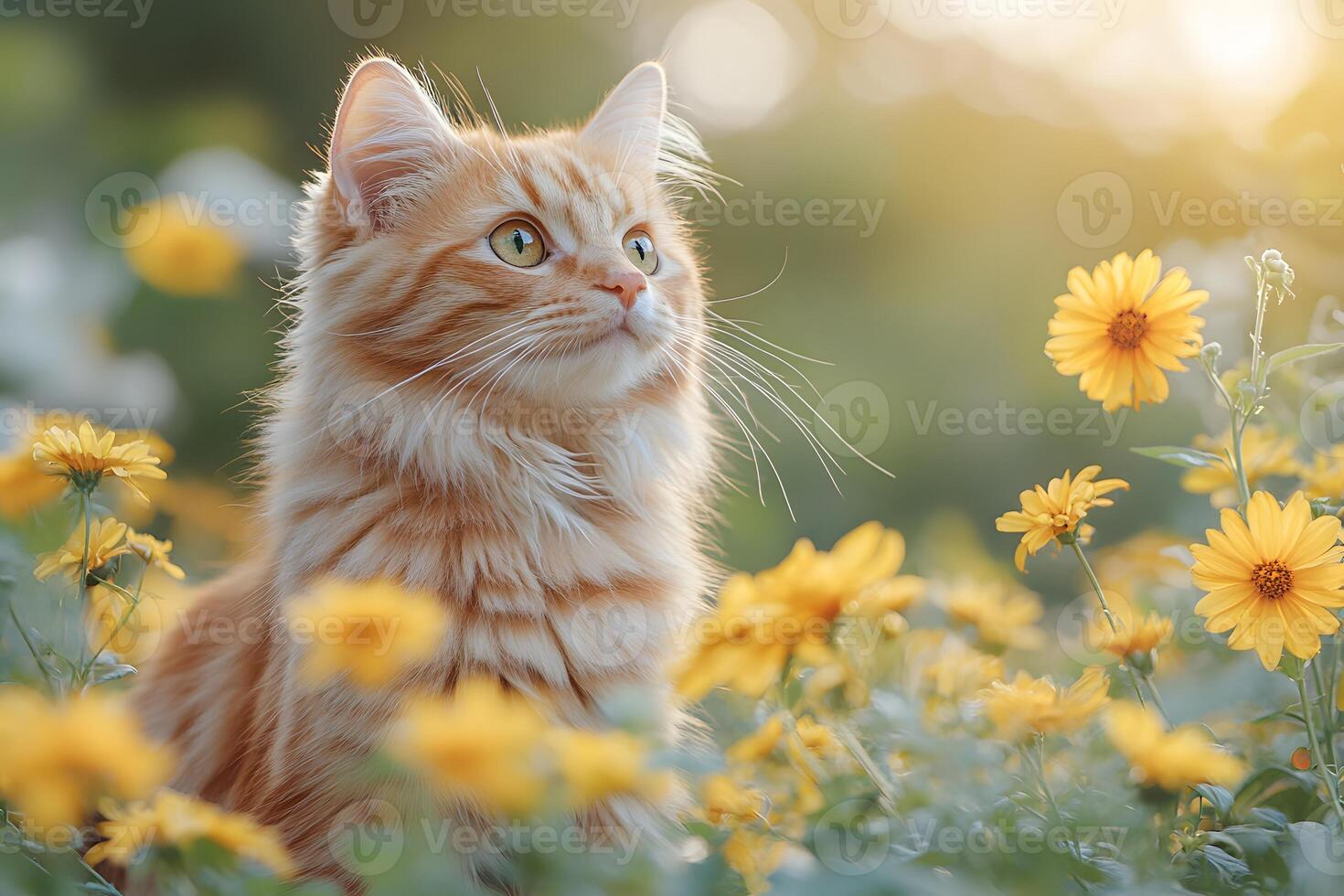 jengibre gato en iluminado por el sol jardín con floreciente amarillo flores foto