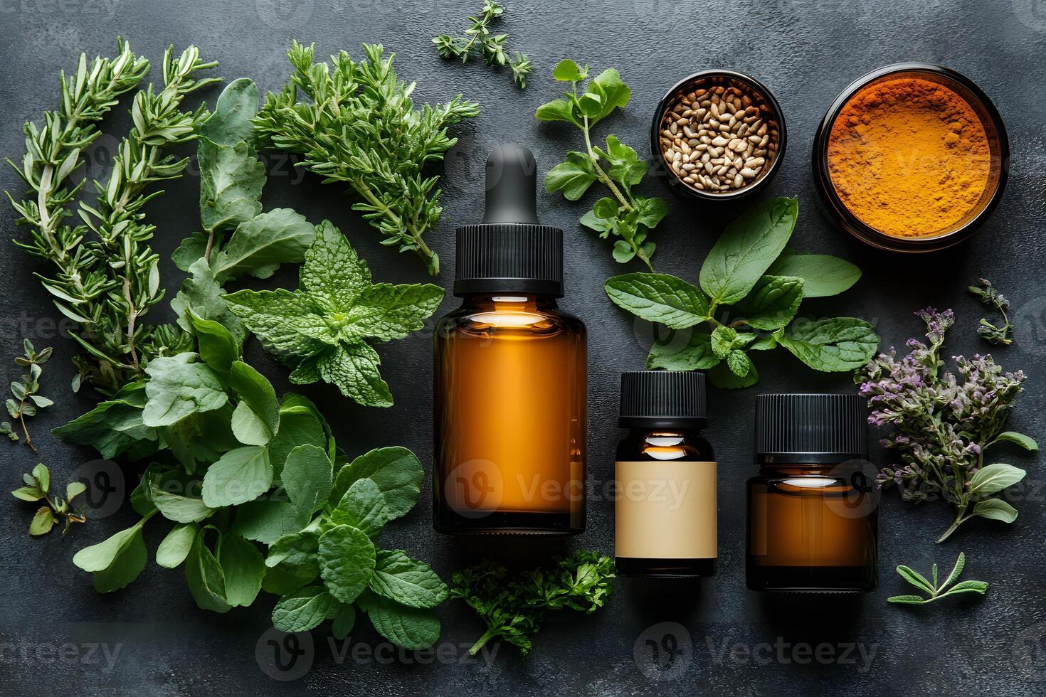 Herbal Wellness Concepts Aromatherapy Bottles with Fresh Herbs and Spices for Natural Health Design photo