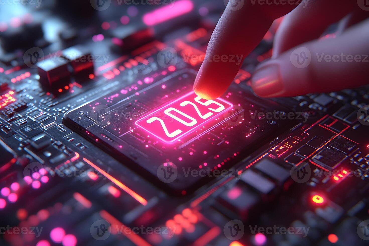 Futuristic Technology Concept with Glowing Circuit Board and 2023 Upgrade Chip photo