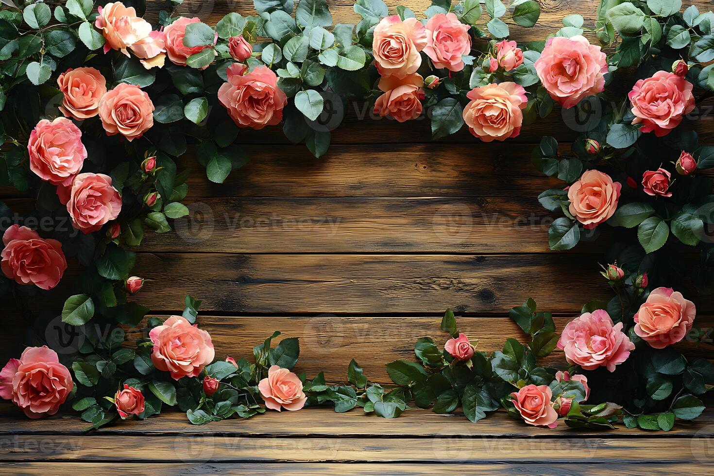 Rustic Floral Frame with Pink Roses on Wooden Background for Design and Decoration photo