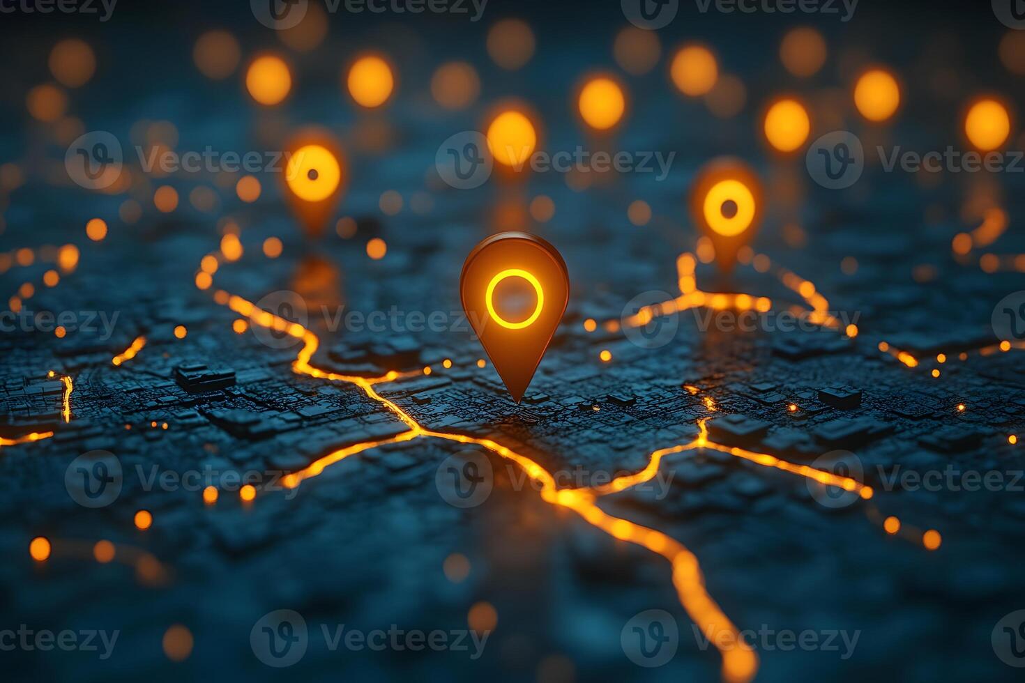 Futuristic City Map with Glowing Location Pins and Illuminated Paths for Technology Concepts photo