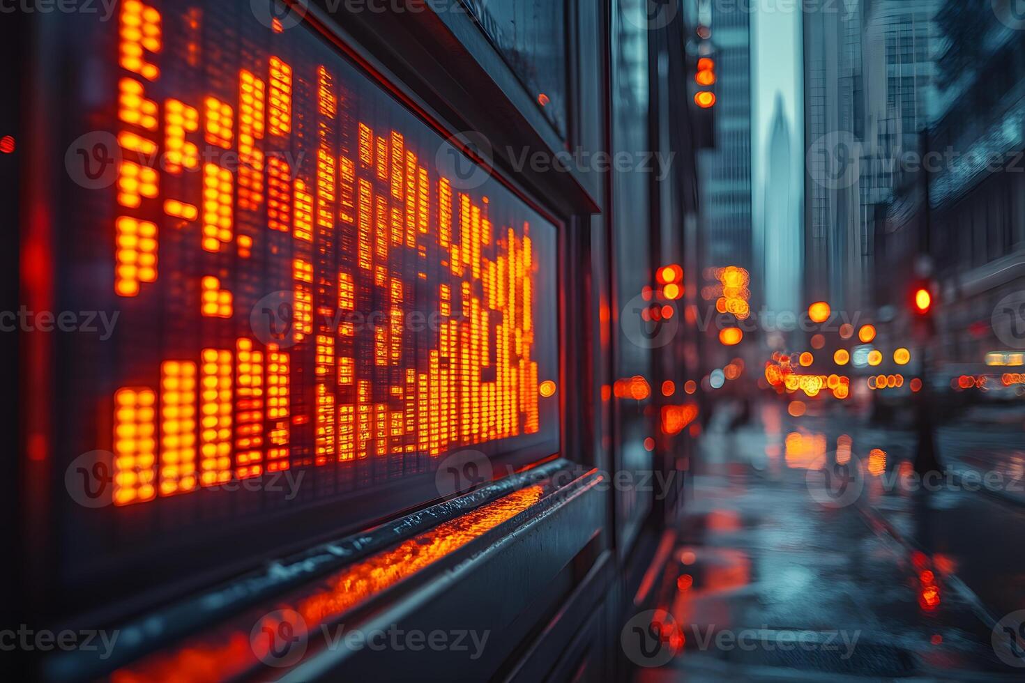 Urban Financial District with Digital Stock Market Display in Rainy Weather photo