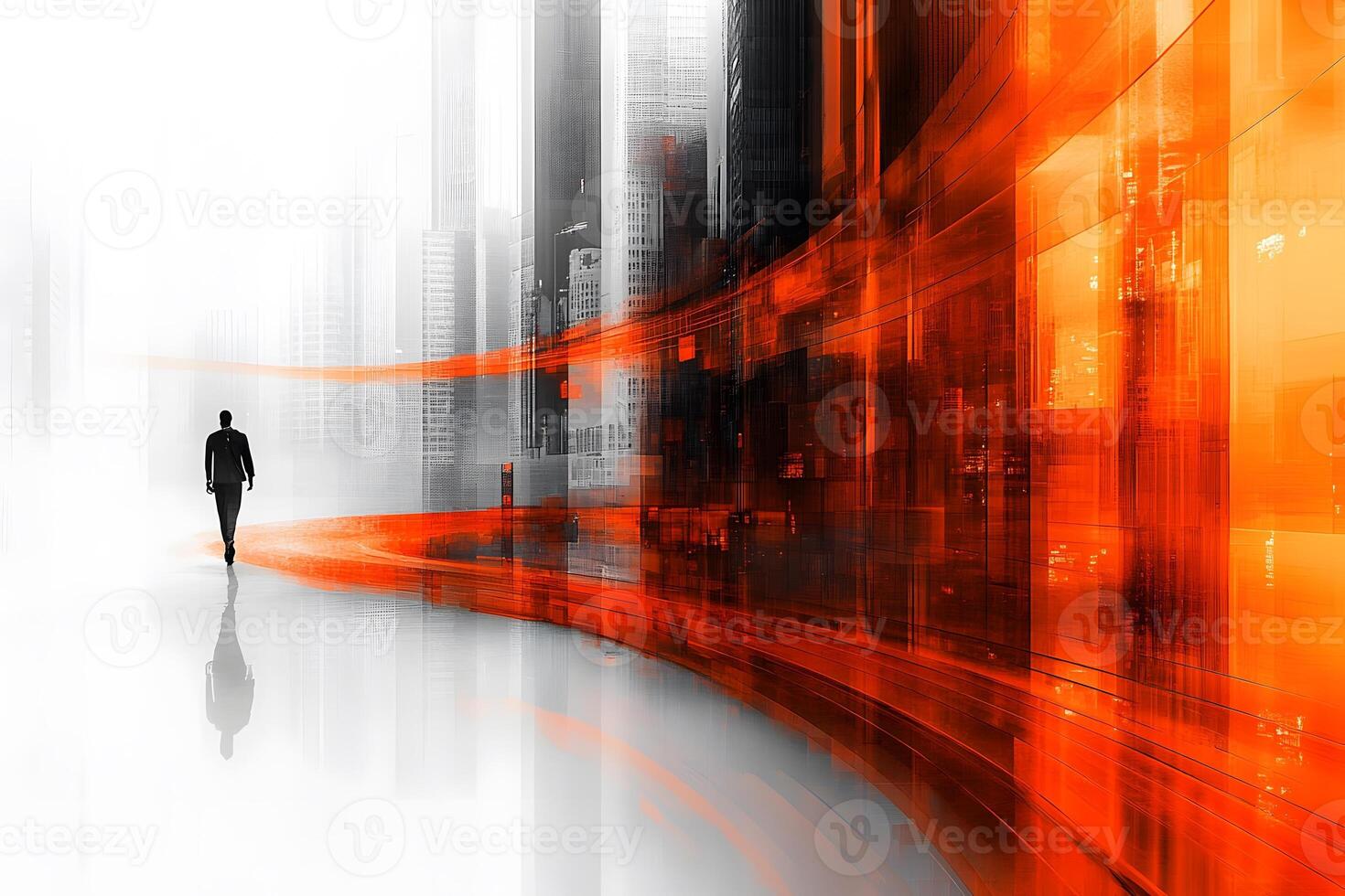 Futuristic Cityscape with Abstract Orange Light Trails - Modern Conceptual Design photo