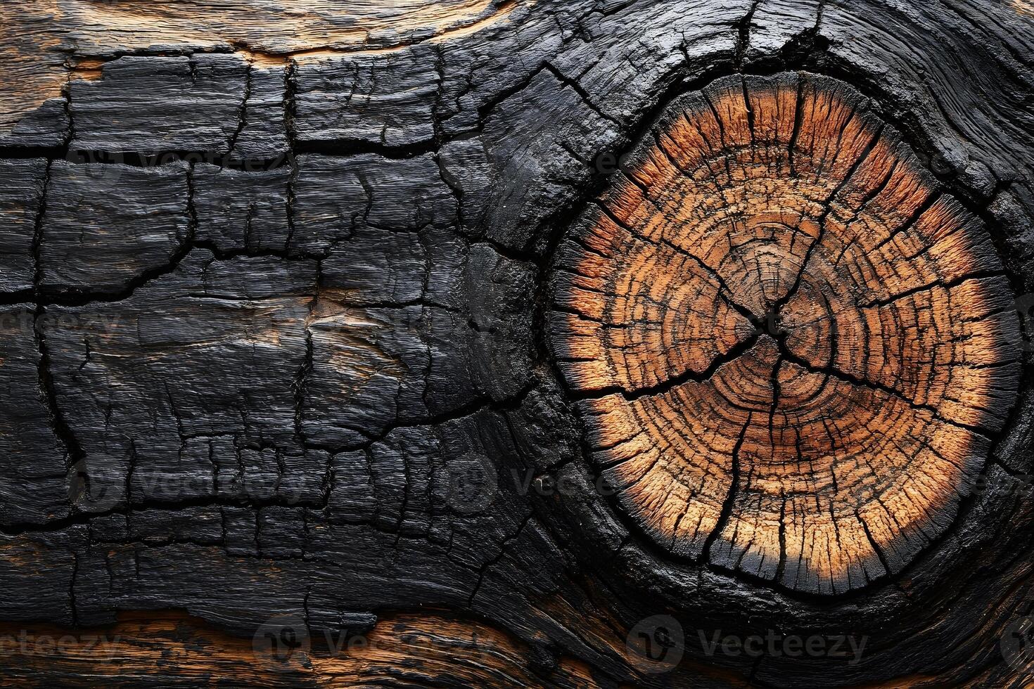 Burnt Wooden Texture with Tree Ring Patterns for Artistic Background Design photo
