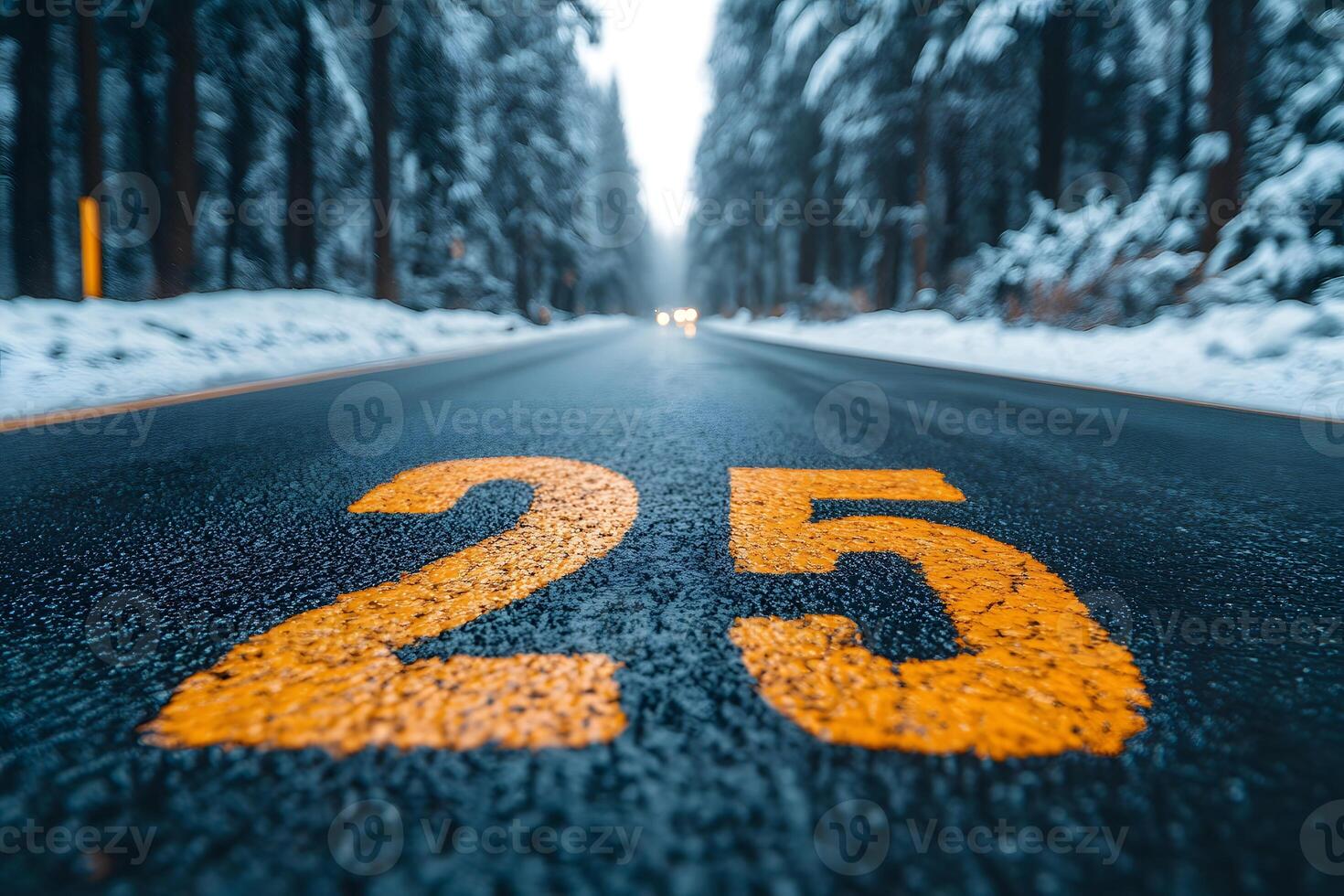 Winter Road Scene with Speed Limit Marking in Snowy Forest for Transportation Safety Design photo