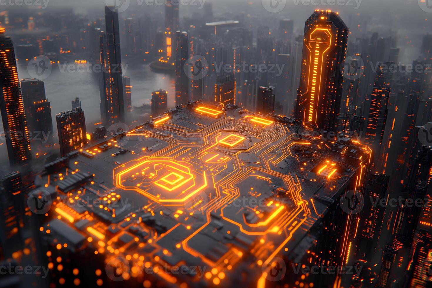 Futuristic Cyber Cityscape at Dusk with Illuminated Circuit Board Designs photo