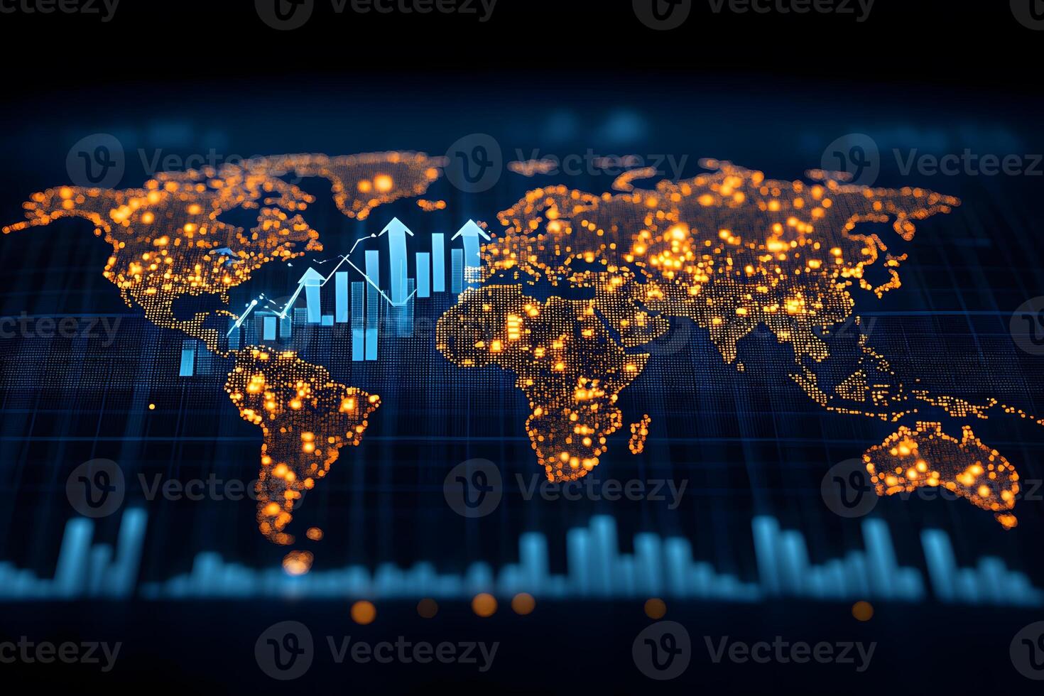 Global Economic Growth Concept with Digital World Map and Data Visualization for Business Analysis photo
