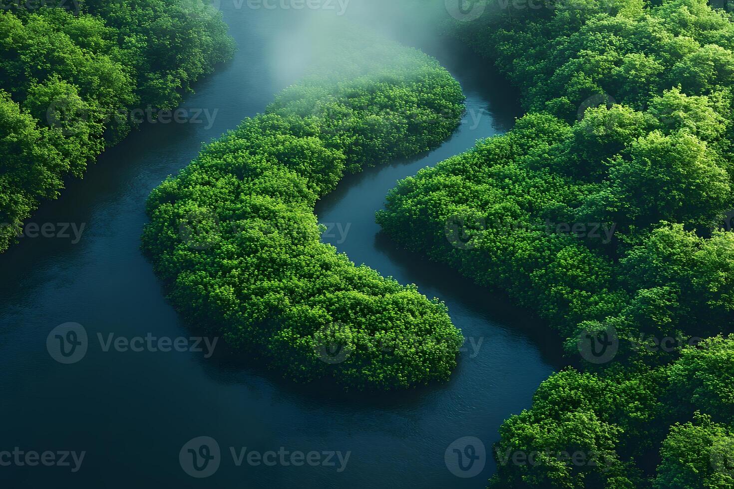 Lush Green River Bend in Misty Forest - Nature's Tranquil Beauty photo
