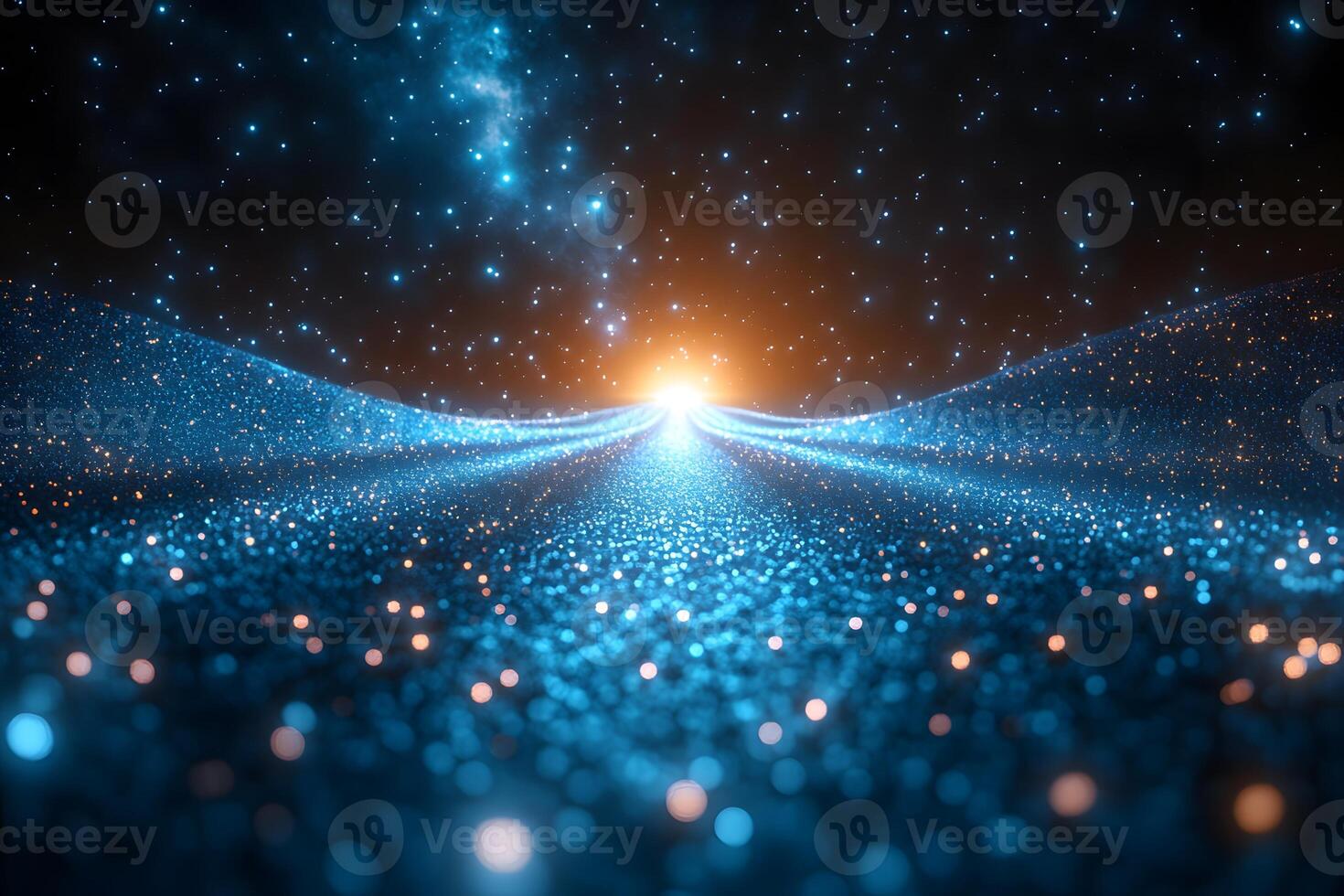 Cosmic Dreamscape Abstract Starry Horizon with Glowing Sunburst for Futuristic Designs photo