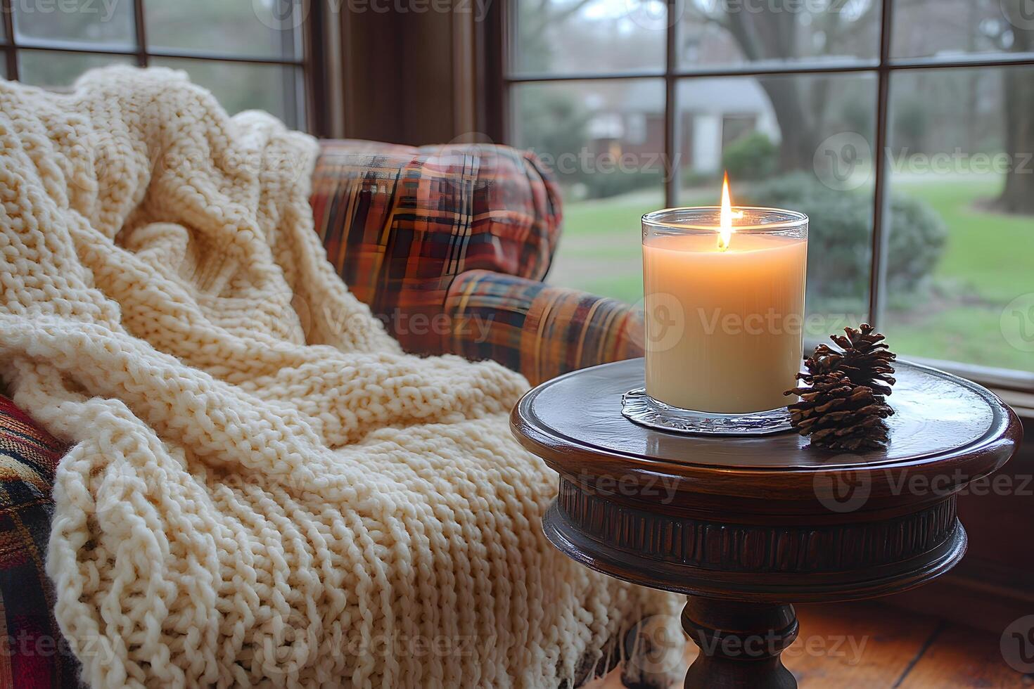 Cozy Winter Scene with Knitted Blanket, Candle, and Pinecone in Rustic Interior photo