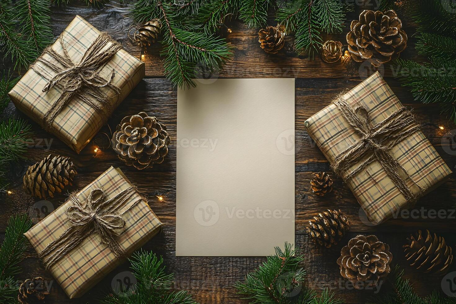 Rustic Christmas Gift Layout with Pine Cones and Fir Branches for Holiday Greeting Card Design photo