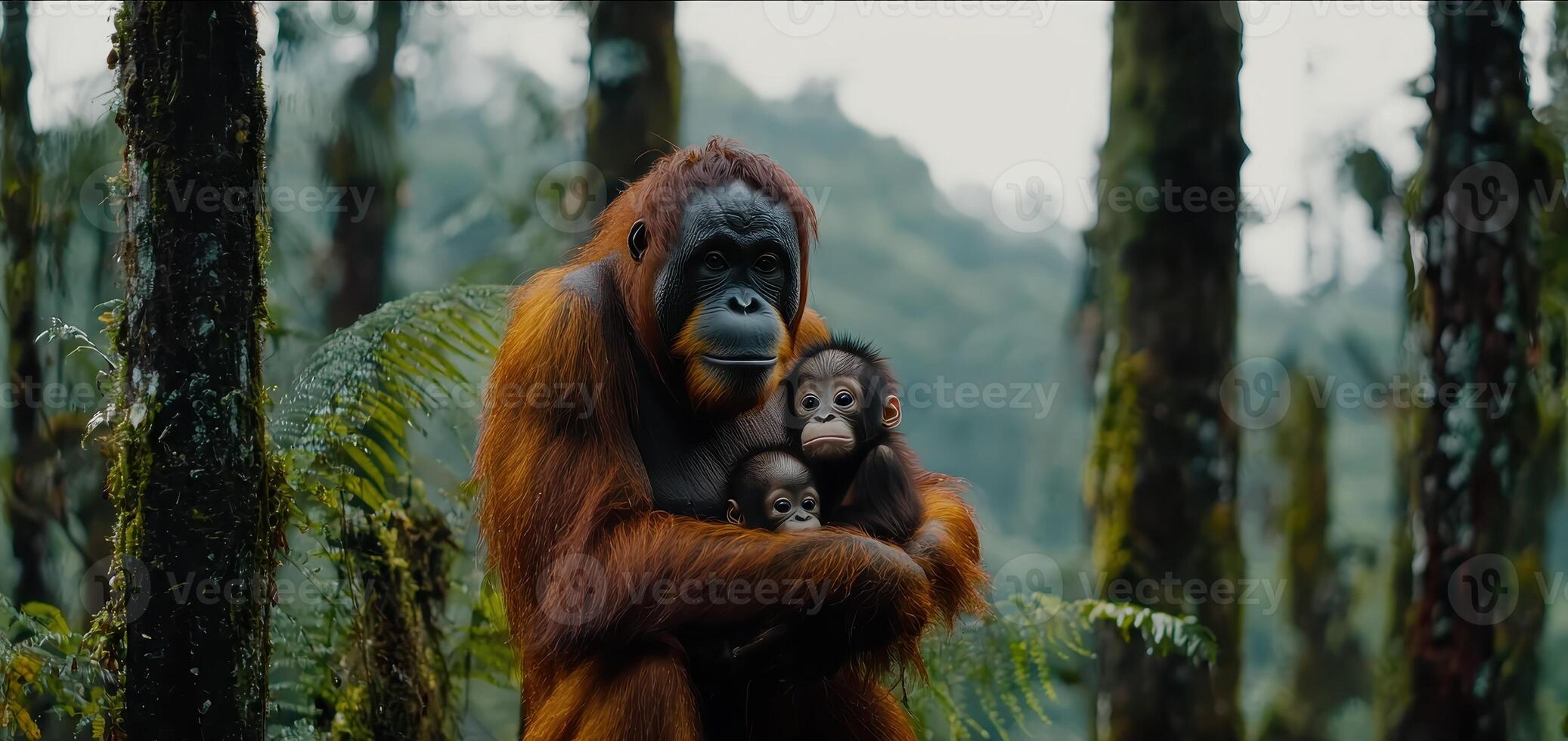 Orangutan Mother Protecting her Two Infants in a Lush Rainforest Habitat photo